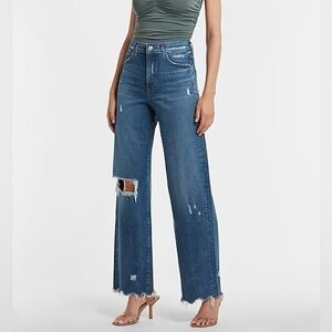 Express Super High Waisted Ripped Raw Hem 90s Wide Leg Jeans